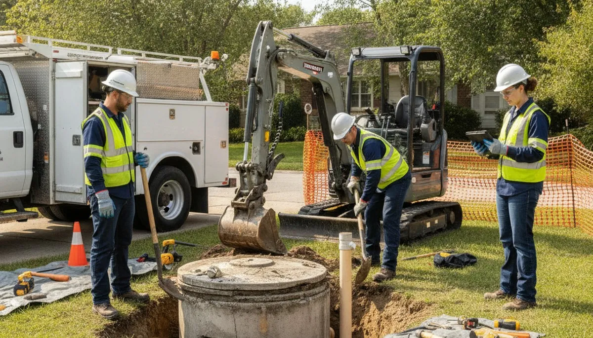 Septic repair technician inspecting plumbing system in Fort Worth, TX for urgent backup service