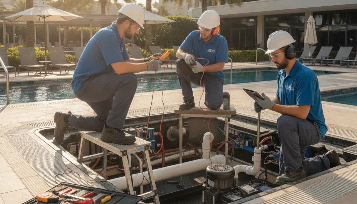 Spa repair technician servicing Fort Worth, TX home spa equipment for fast inspection and repair